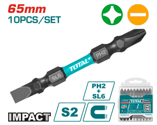 10PCS Impact  (PH2+SL6)X65mm  طقم رأس مفك مقدح صليب شق
