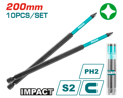 10PCS Impact  PH2X200mm طقم رأس مفك مقدح طويل