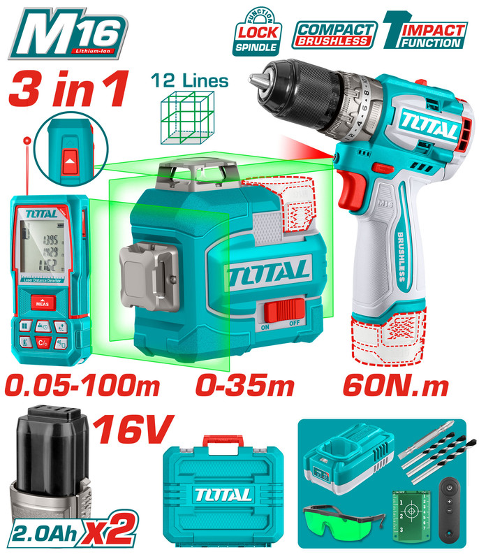 [TOSLI250101] 16V مجموعة مقدح + ليزر شقلة + متر ليزر