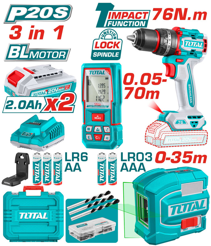 [TOSLI250511] 20VX76N.m مجموعة مقدح بطارية+ليزر شقلة+متر ليزر