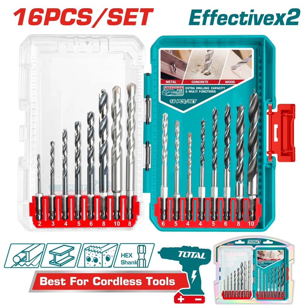 16 Pcs metal, masonry and wood drill bits set