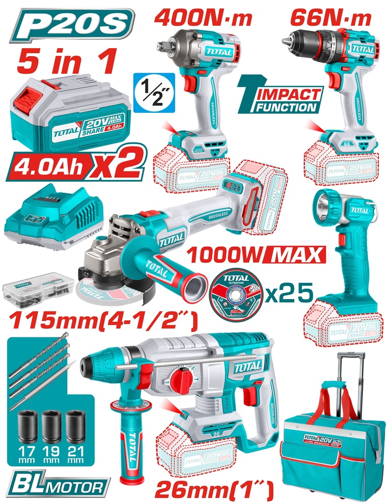 20V 5PCS مجموعة عدة صناعي عالبطارية مع شنطة دواليب