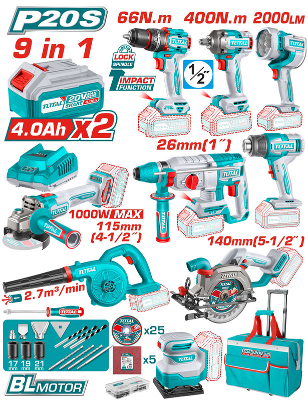 20V 9Pcs مجموعة عدة صناعية