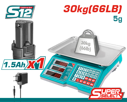 [TES1223] 12V 30KG ميزان الكتروني ديجيتال عالبطارية+بطارية+شاحن