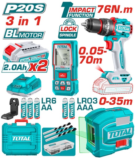 [TOSLI250511] 20VX76N.m مجموعة مقدح بطارية+ليزر شقلة+متر ليزر